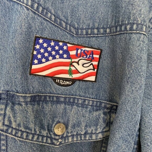 Jack Daniels Denim Men’s Large Shirt Blue Long Sleeve American Flag Dove Patch - Picture 2 of 7